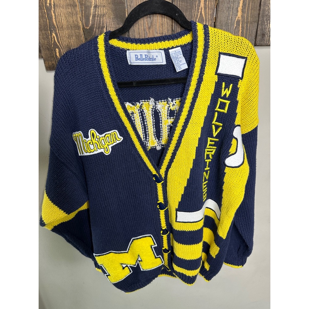 Vintage BellePointe Michigan Wolverines Cardigan Sweater Navy Yellow Megaphone L